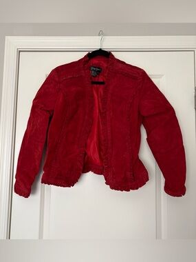 Vintage Prosper & Devine Women’s Brught Red Ruffle-Trim Suede Leather Jacket
